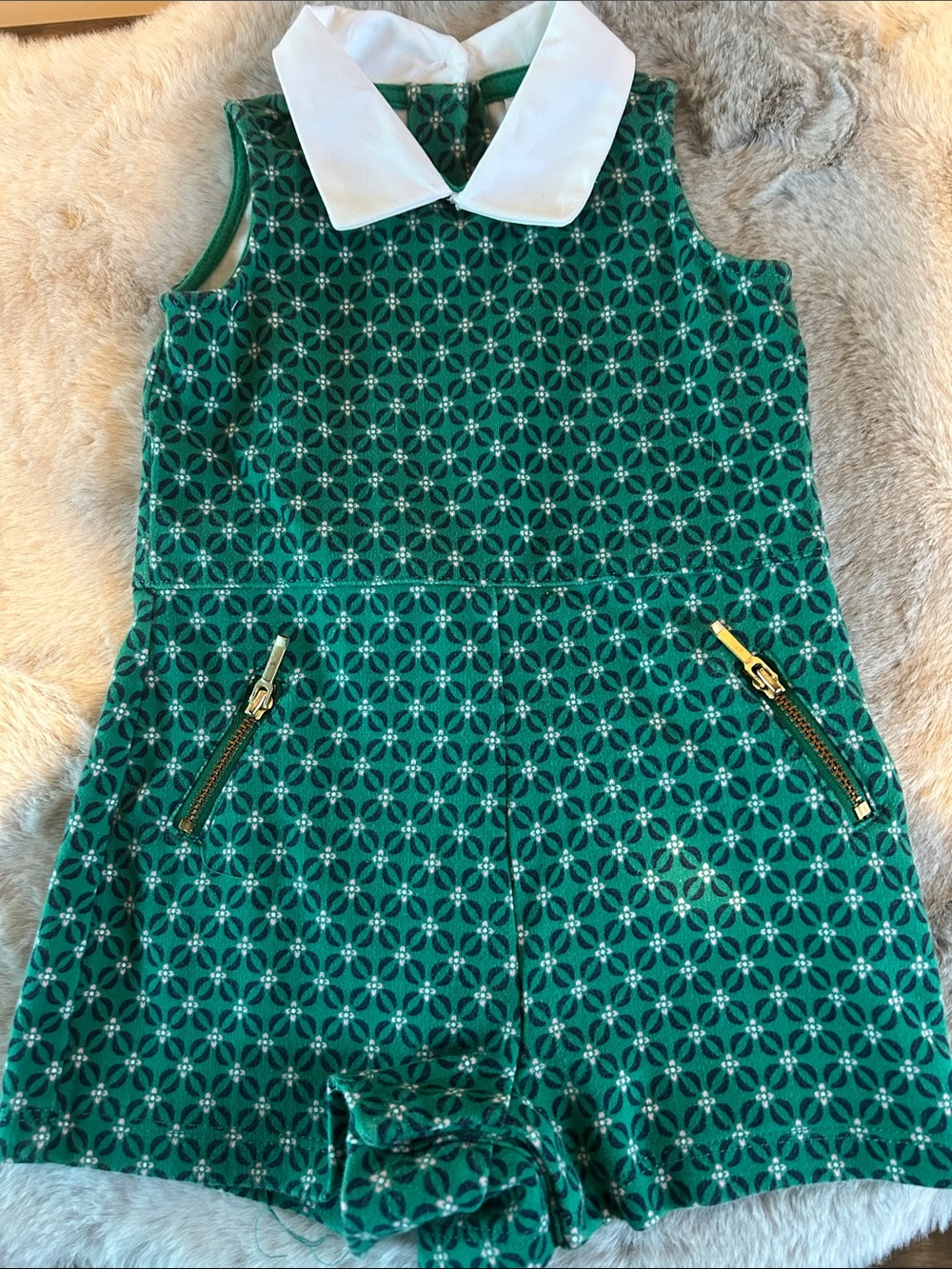 Janie and Jack Green Patterned Sleeveless Romper with White Collar